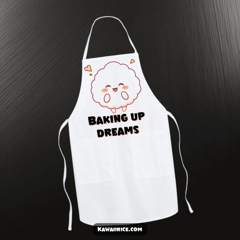 Funny rice cloud apron showing a fluffy character giggling and floating upwards, ideal for kitchen activities.