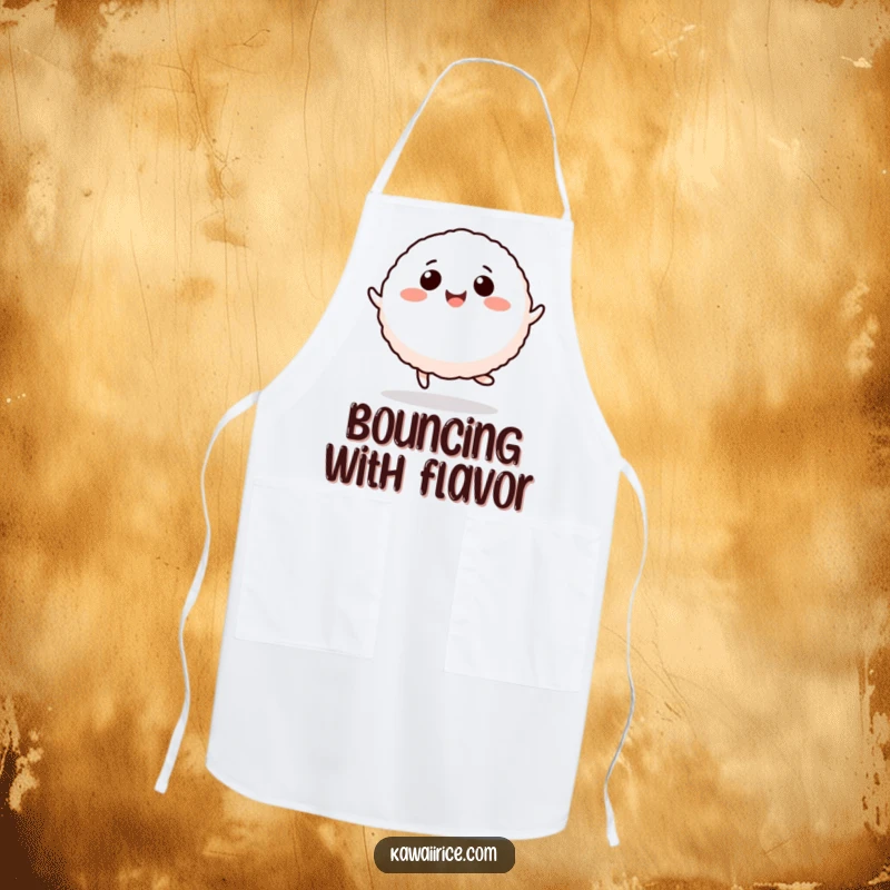 Funny rice ball apron showing a smiling cartoon character in a lively hop, ideal for kitchen activities.