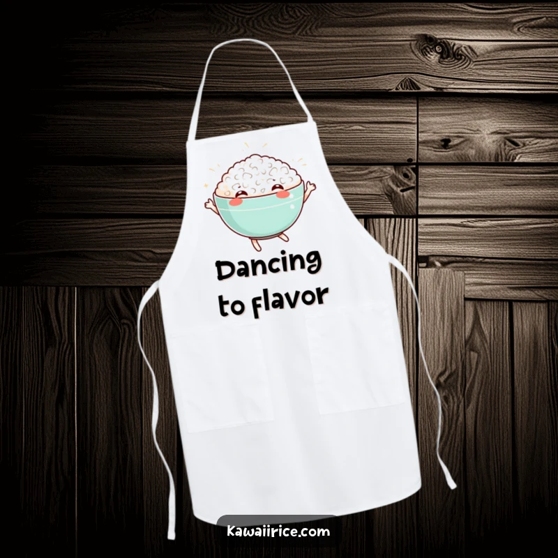 Funny apron with a happy rice bowl character dancing. Ideal for culinary fun and kitchen protection.