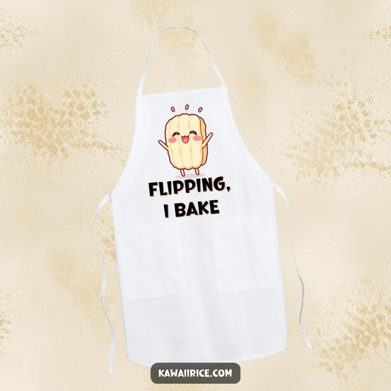 Funny apron with a cheerful rice grain character performing an energetic flip. Ideal for lively chefs.