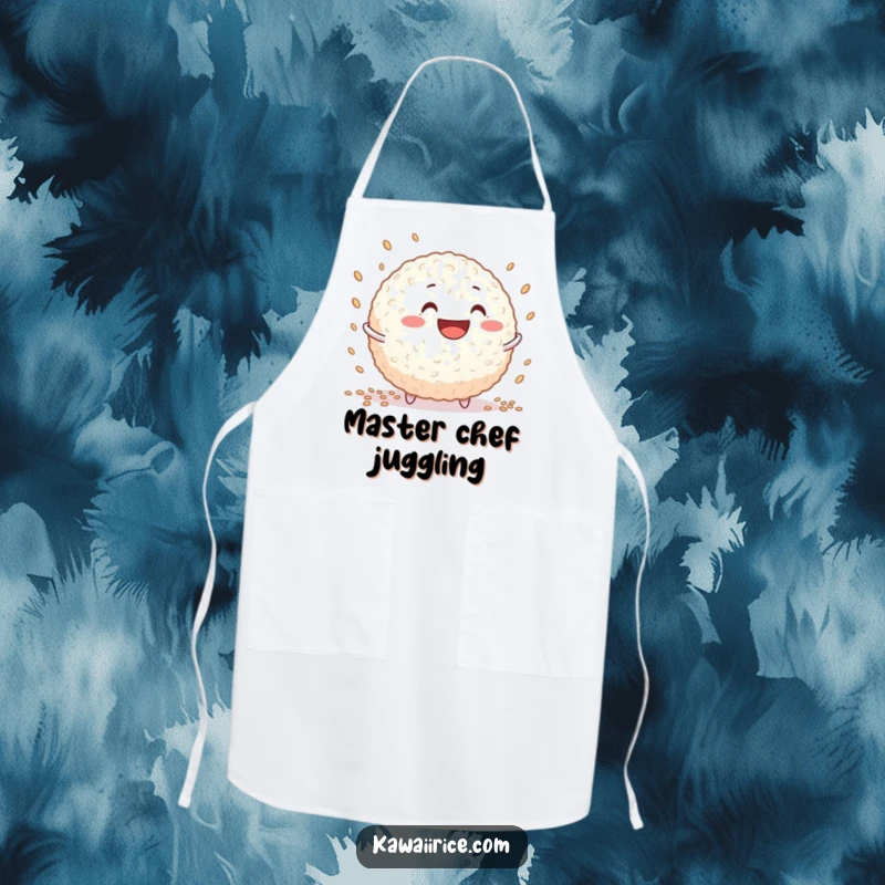 Funny rice ball apron showing a grinning character juggling tiny grains, ideal for kitchen activities.