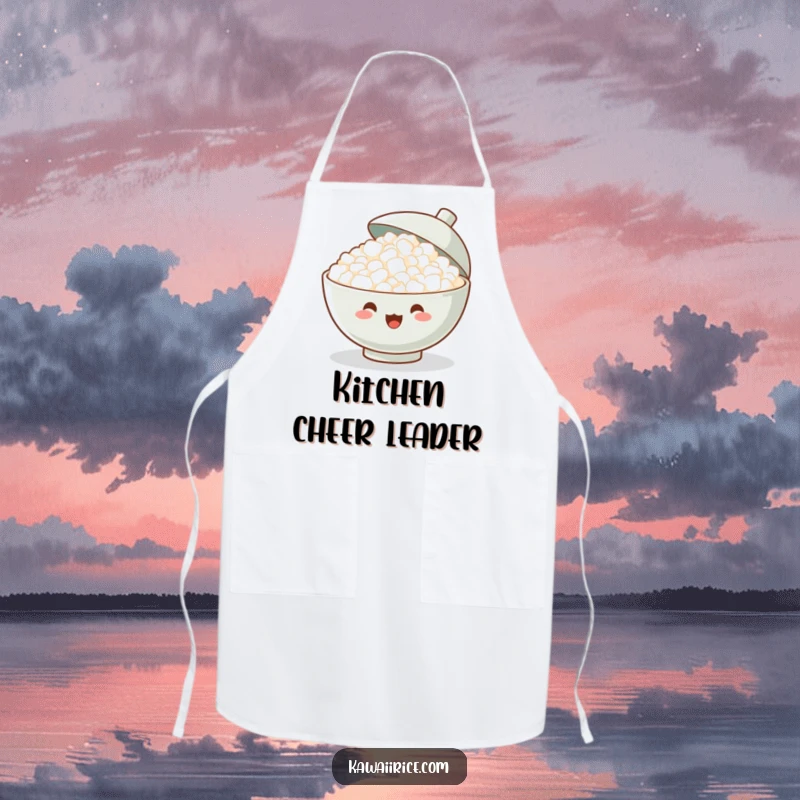 Funny Apron: A jubilant bowl of rice cheers with its lid off, bringing infectious energy and fun to any culinary adventure.