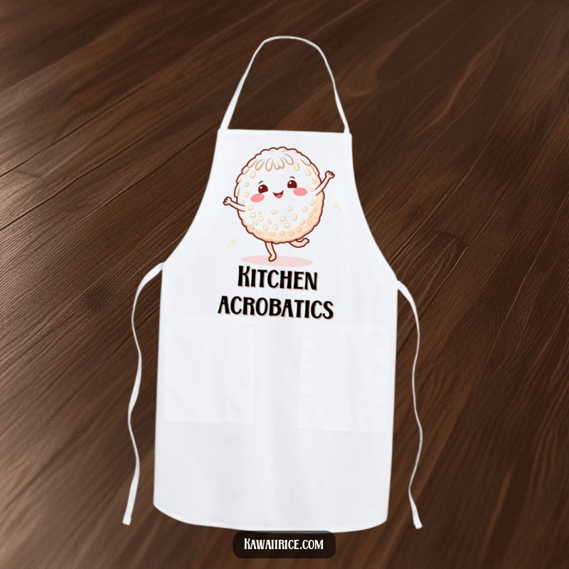 Funny rice character apron showing a smiling character mid-cartwheel with happy dots, ideal for kitchen activities.