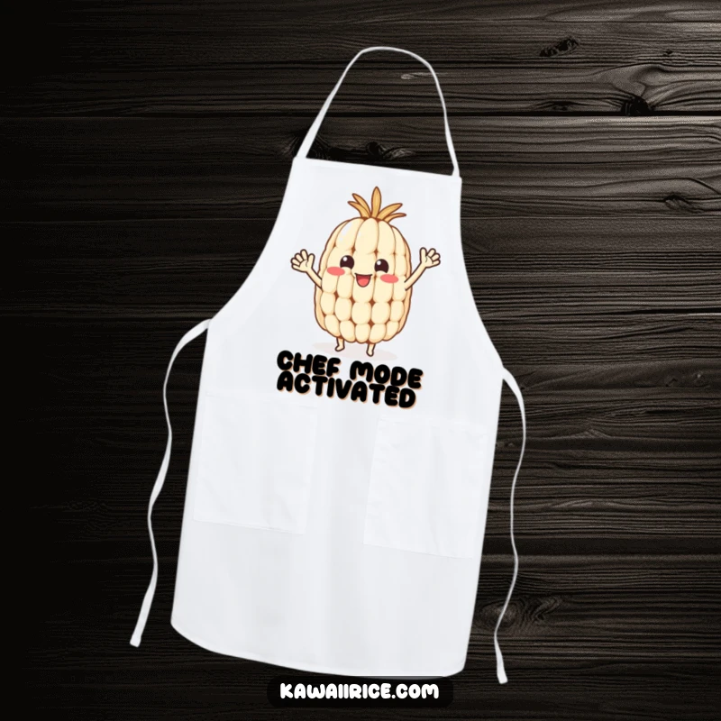 Funny rice grain apron showing a happy character with tiny arms waving, ideal for kitchen activities.