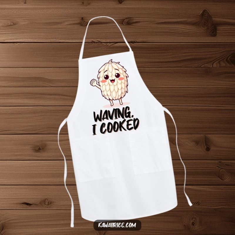 Funny apron featuring a cheerful rice grain character waving an enthusiastic greeting. Great for welcoming cooks.