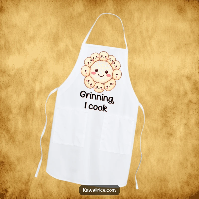 Funny apron with a big smiley face constructed from tiny rice balls. Ideal for cheerful cooking.