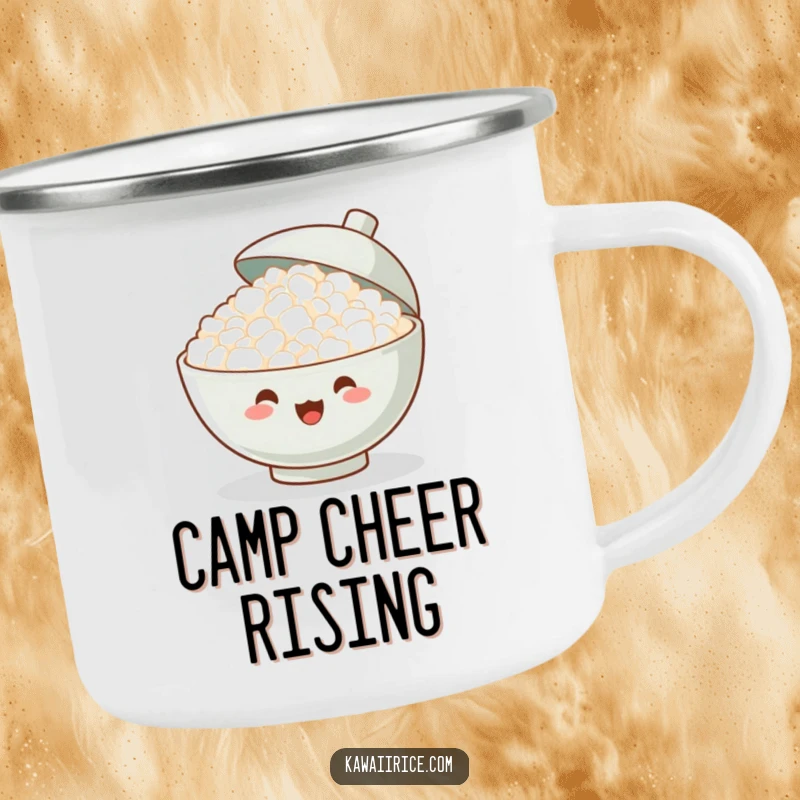 Funny Camping Mug: A cheerful bowl of rice cheers with its lid open, bringing portable joy and a celebratory vibe to any campsite.