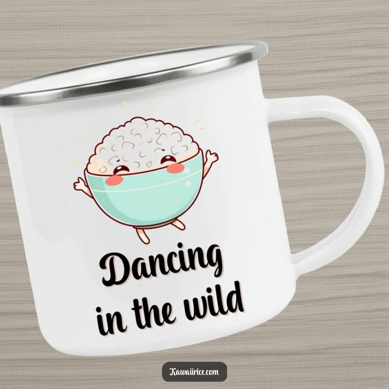 Funny camping mug featuring a dancing rice bowl, perfect for outdoor enthusiasts who love a laugh.