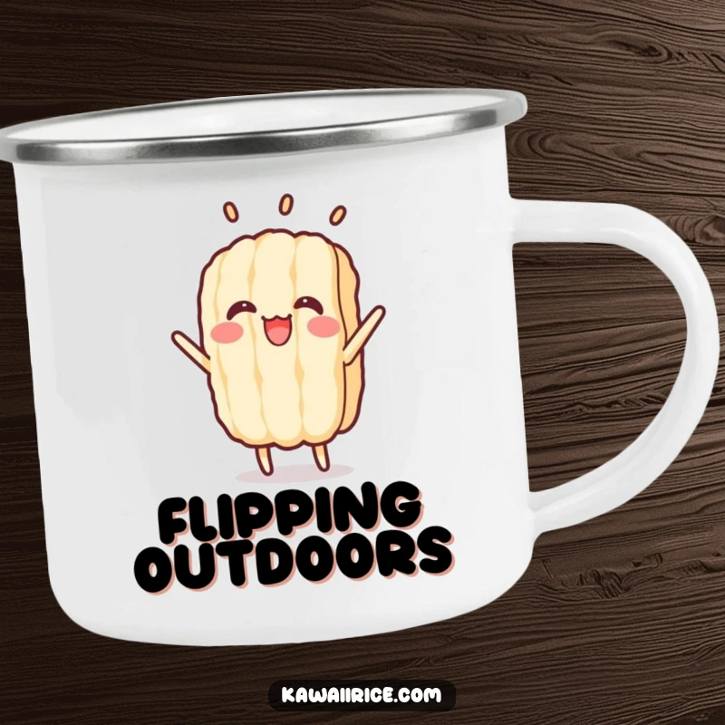 Funny camping mug featuring a happy rice grain mid-flip. Ideal for adventurous souls who love a laugh.