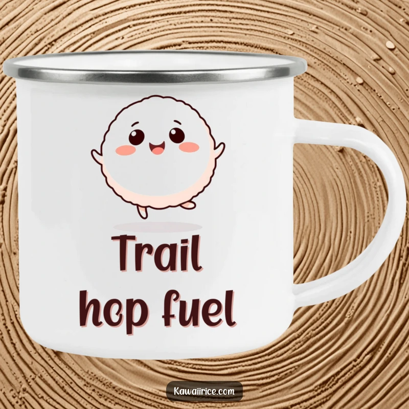 Funny rice ball camping mug featuring a smiling character in a joyful hop, perfect for outdoor use.