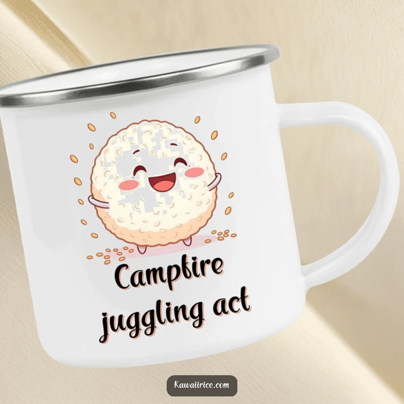 Funny rice ball camping mug featuring a grinning character juggling tiny grains, perfect for outdoor use.