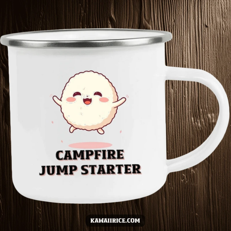 Funny Camping Mug featuring a cute rice ball character performing a bouncy jump, ready for cheerful outdoor fun.