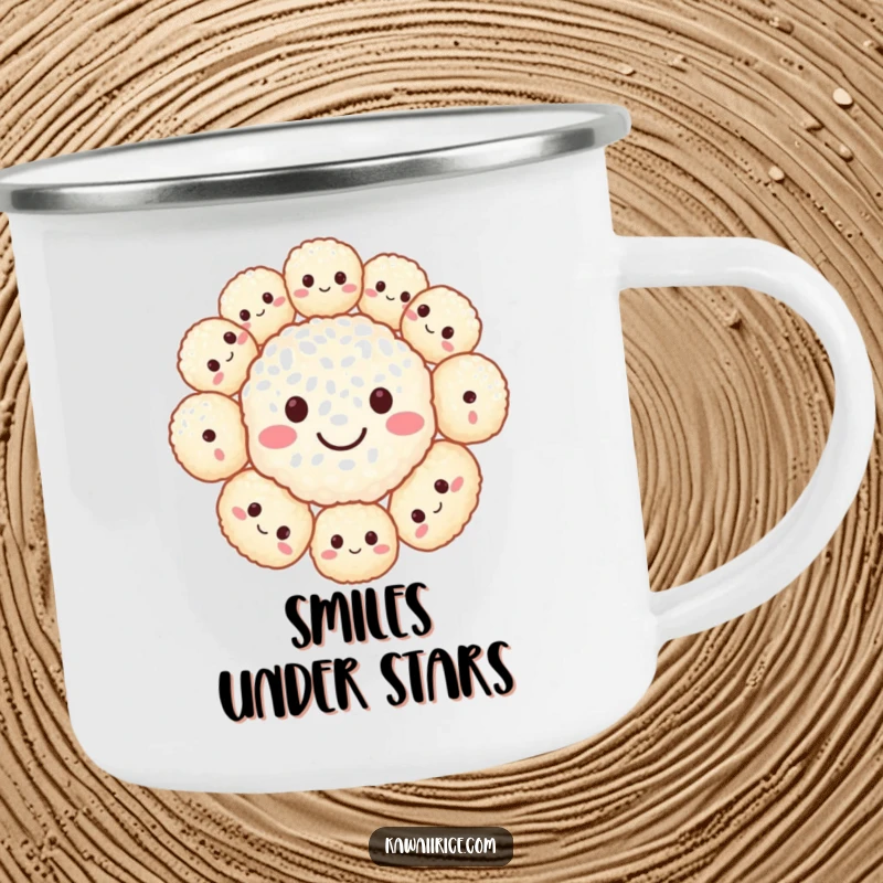 Funny camping mug featuring a happy smiley face formed by tiny rice balls. Perfect for cheerful outdoor use.