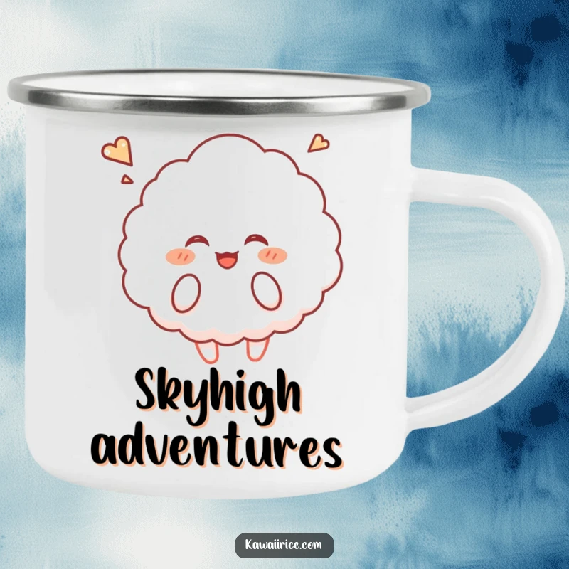 Funny rice cloud camping mug featuring a fluffy character giggling and floating upwards, perfect for outdoor use.