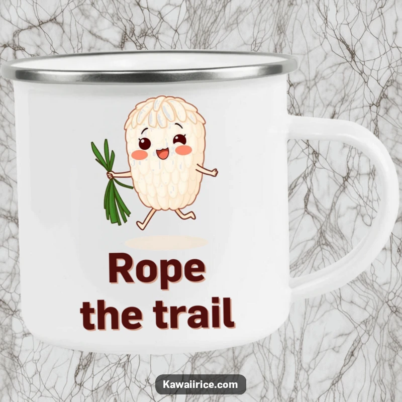 Funny Camping Mug: A happy rice grain jumps rope with seaweed, bringing portable fun and healthy humor to any campsite.