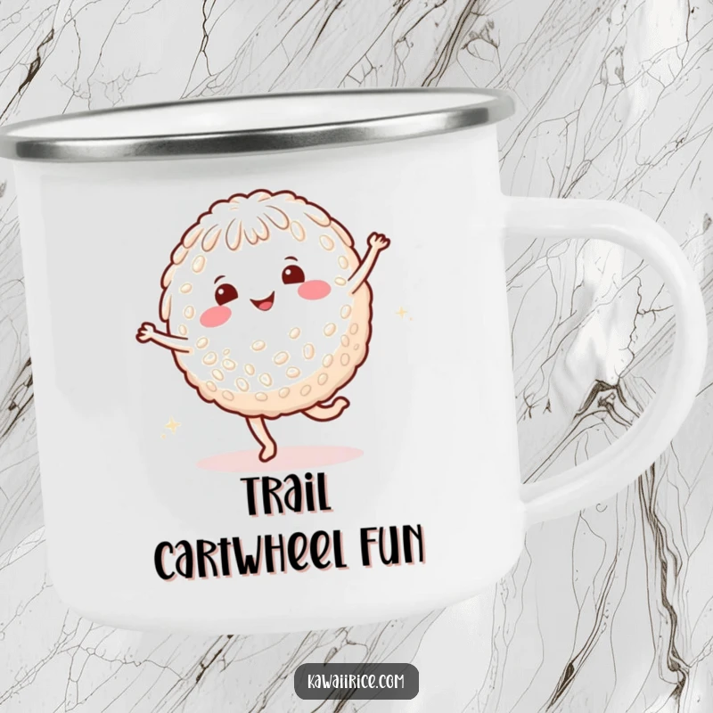 Funny rice character camping mug featuring a smiling character mid-cartwheel with happy dots, perfect for outdoor use.