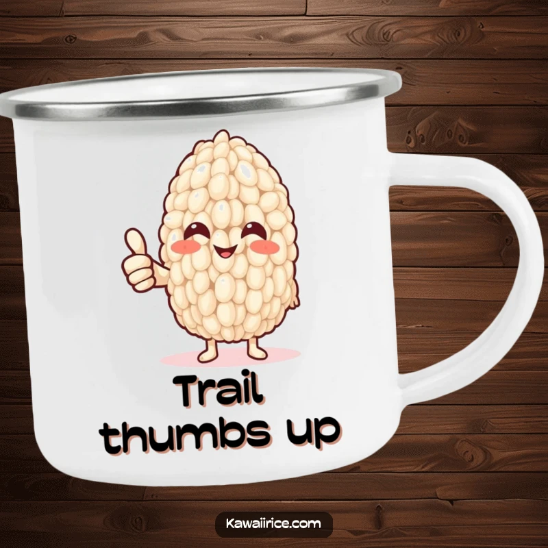 Funny Camping Mug: A smiling rice grain offers a thumbs up with a noodle arm, bringing portable positivity and humor to outdoor settings.