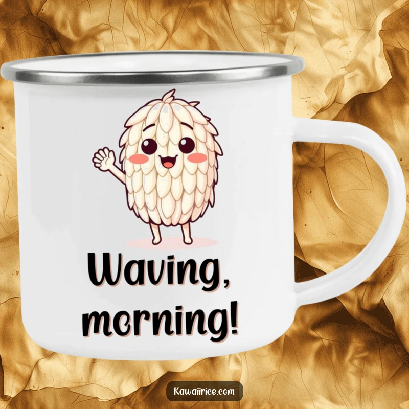 Funny camping mug with an enthusiastic waving rice grain design. Ideal for friendly greetings on the go.