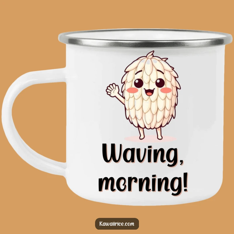 Funny Waving Rice Grain Camping Mug: Trail Greetings, Outdoor Cheer