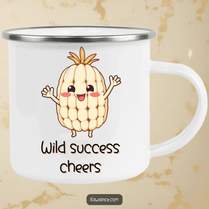Funny rice grain camping mug featuring a happy character with tiny arms waving, perfect for outdoor celebrations.