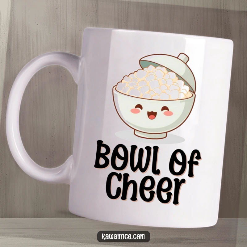 Funny Mug: A ceramic bowl of rice cheers excitedly with its lid popped open, showcasing a party-ready and joyful demeanor.