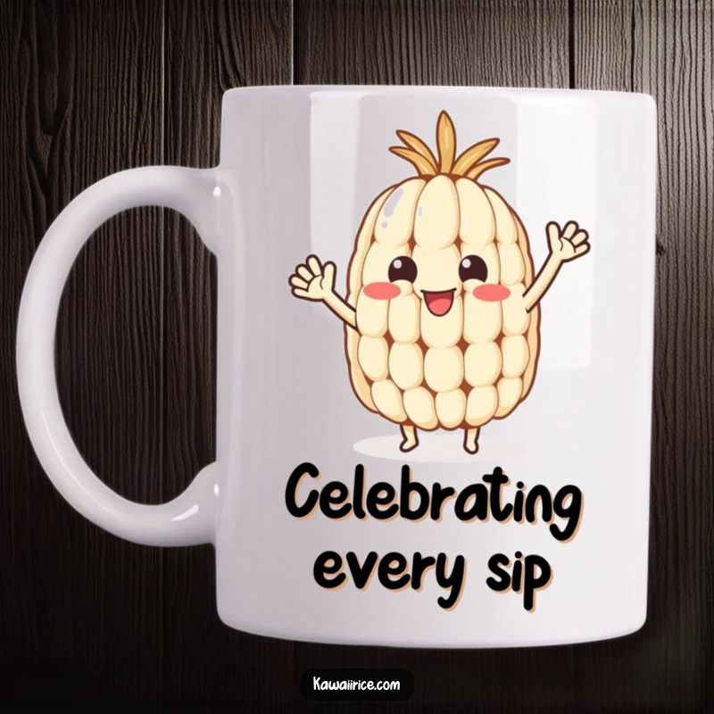Funny rice grain mug featuring a happy character with tiny arms joyfully waving, radiating pure excitement.