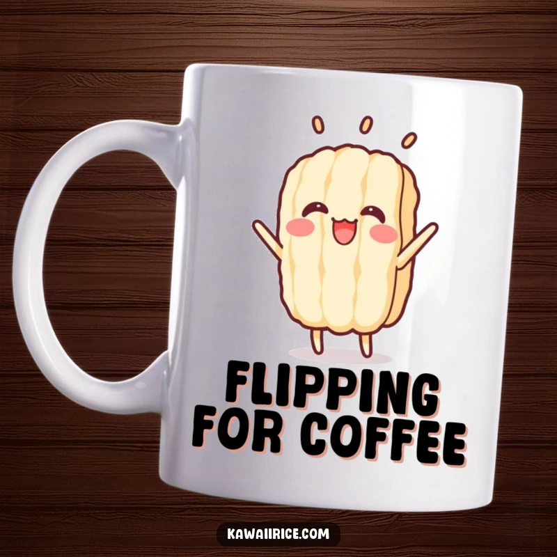 Funny mug featuring a cheerful rice grain character performing an energetic mid-air flip with a smile.