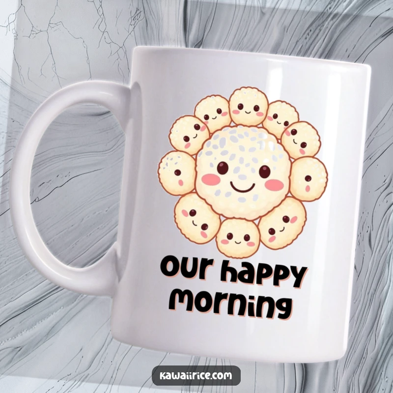 Funny mug featuring a cluster of tiny rice balls arranged to form a big, happy smiley face.