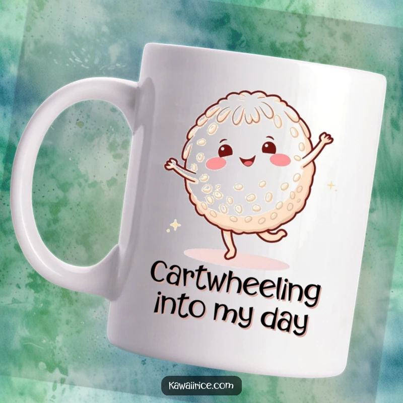 Funny rice character mug featuring a smiling character mid-cartwheel, surrounded by playful happy dots.