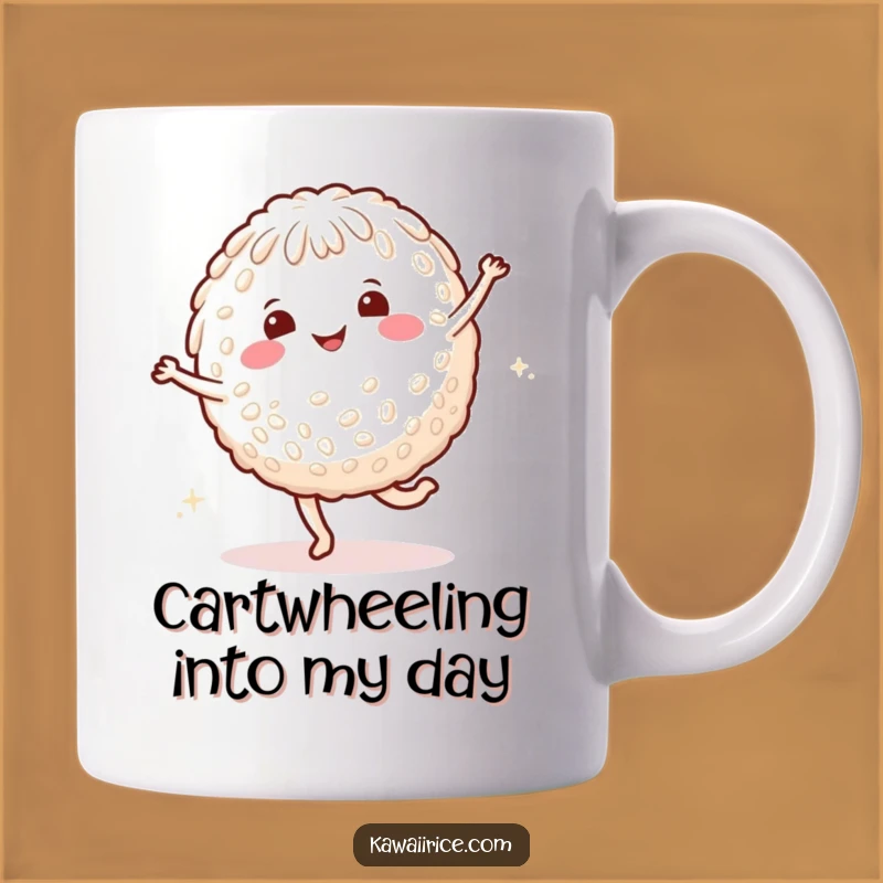Funny Rice Cartwheel Mug - Smiling Character's Energetic Tumbling Fun