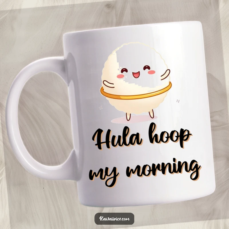 Funny Mug: A glob of rice joyfully spinning a tiny hula hoop with a big smile, showcasing pure delight and playful energy.