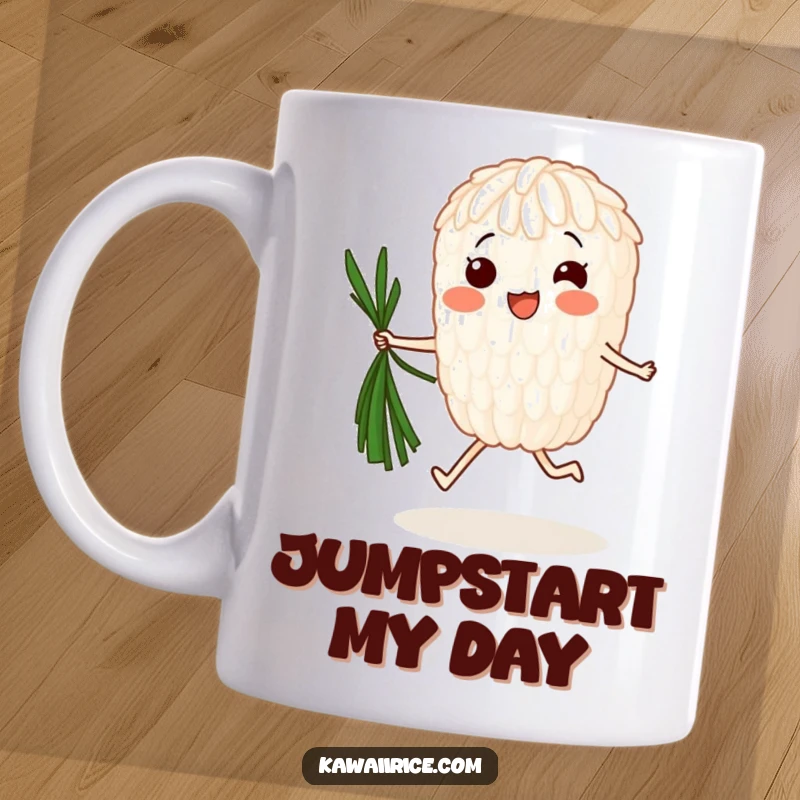 Funny Mug: A single, ecstatic rice grain energetically jumps rope using a long strand of seaweed, radiating pure joy and activity.