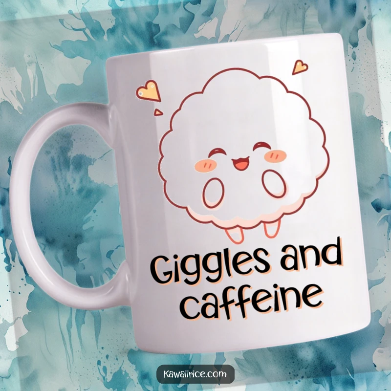 Funny rice cloud mug featuring a fluffy character giggling uncontrollably while floating gently upwards.