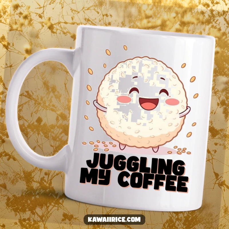 Funny rice ball mug featuring a grinning character skillfully juggling multiple tiny rice grains in the air.