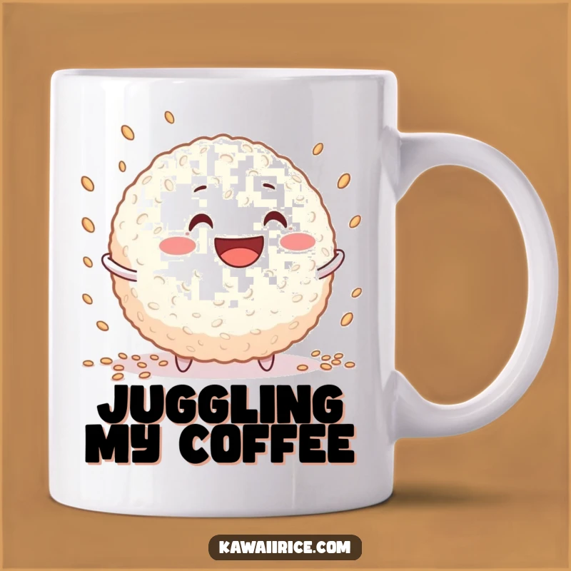 Funny Rice Ball Juggling Mug - Grinning Character with Tiny Grains