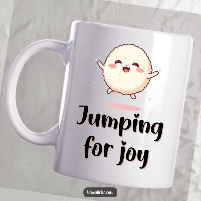 Funny Mug showcasing a cute, round rice ball character with a happy face, performing an energetic, bouncy jump with great enthusiasm.