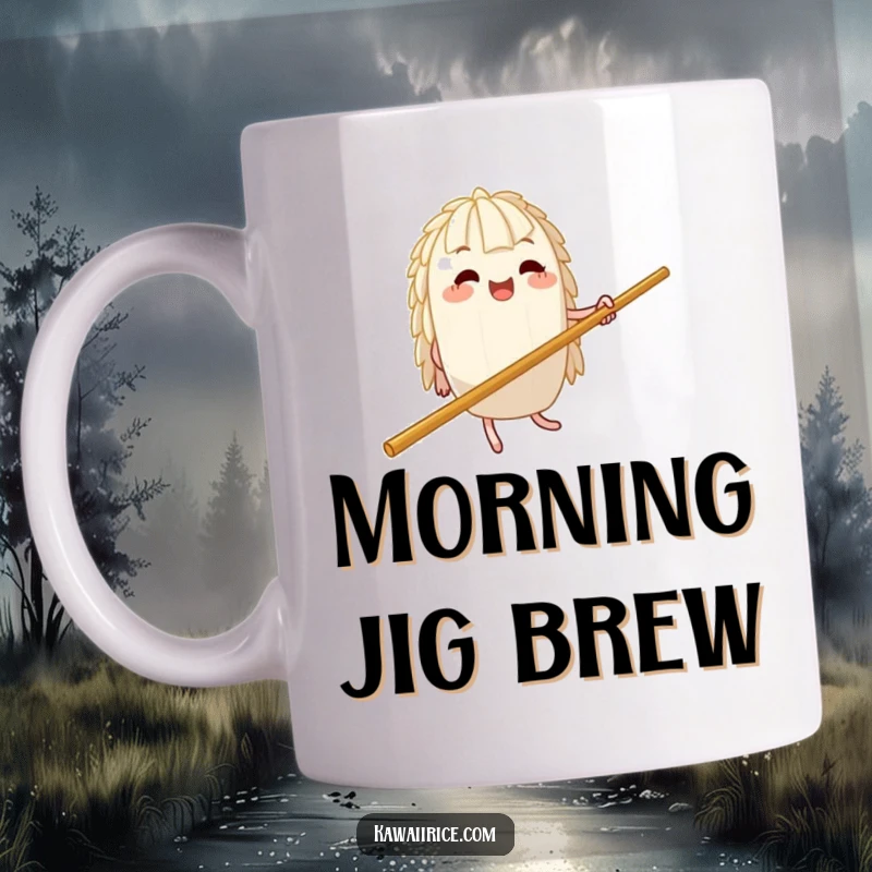 Funny Mug: A cartoon rice character performs a silly jig with great enthusiasm atop a massive chopstick, full of goofy energy.