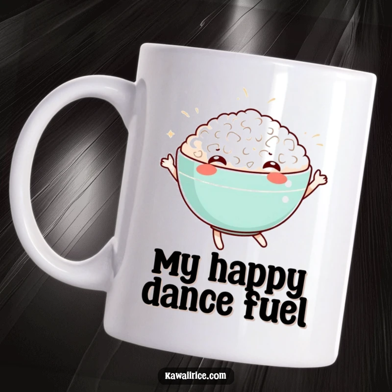 Funny mug featuring a happy bowl of rice in mid-dance, radiating joy and culinary fun. Perfect for food lovers.