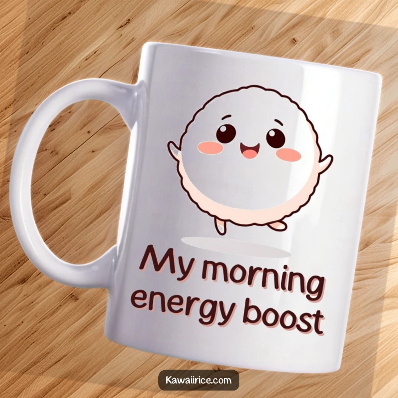 Funny rice ball mug with a cheerful, round character happily hopping mid-air, radiating pure joy and playful energy.