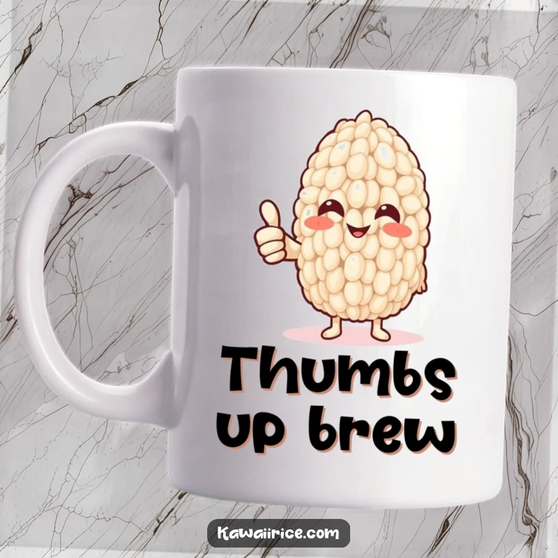 Funny Mug: A smiling rice grain gives a strong thumbs up, supported by a comically tiny noodle arm, radiating pure approval and happiness.
