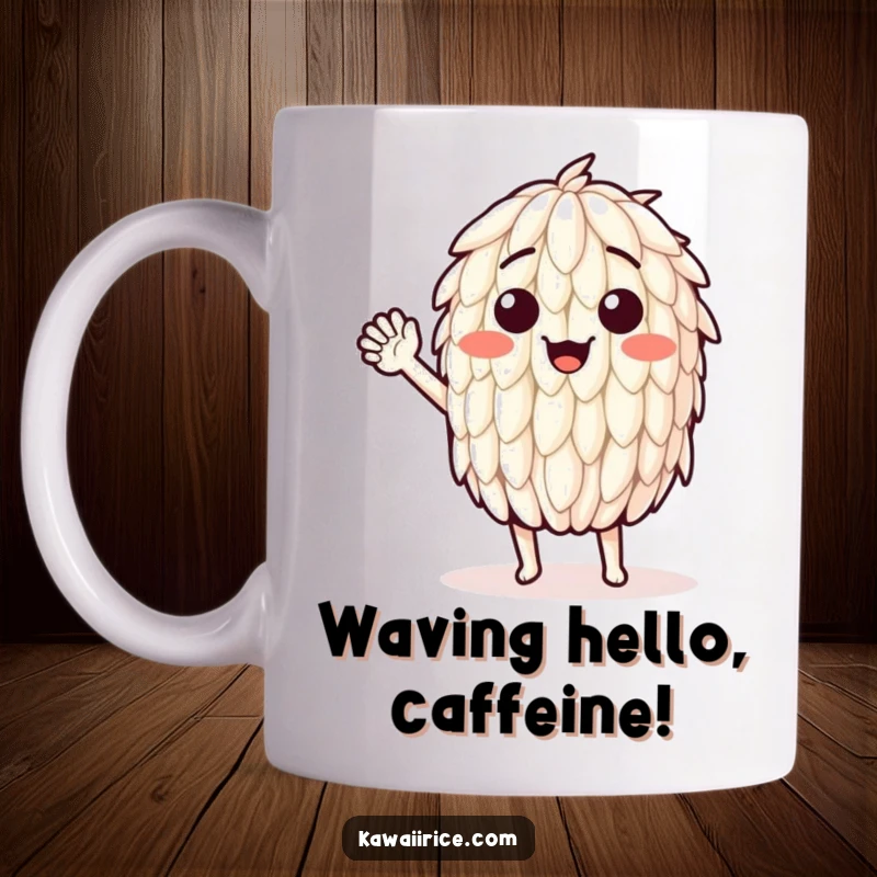 Funny mug featuring a single, smiling rice grain enthusiastically waving hello. A friendly and cheerful design.