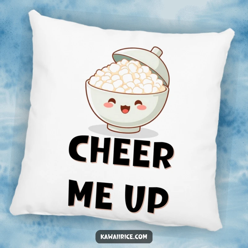 Funny Pillow: A cheerful bowl of rice shouting with joy, its lid tilted open, offering soft comfort with a side of pure delight.