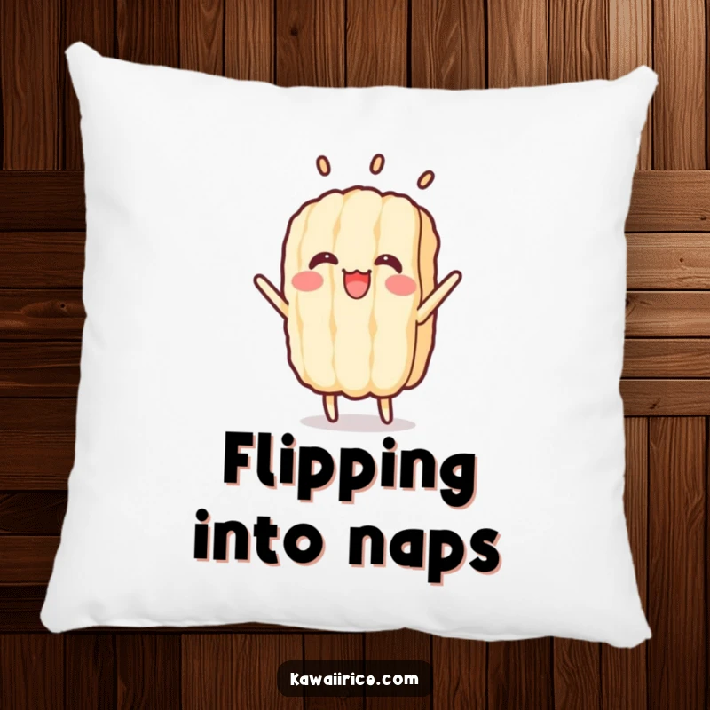 Funny pillow featuring a happy rice grain in mid-flip. Soft and humorous decor for any fan.