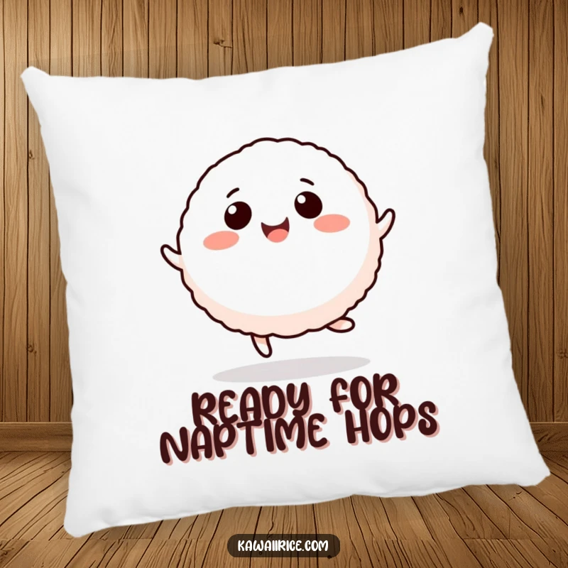 Funny rice ball pillow featuring a cute, smiling character doing a happy hop, perfect for decoration or comfort.