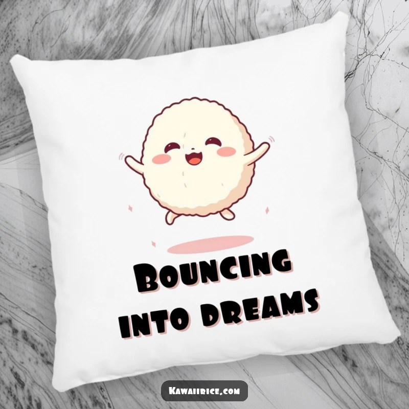 Funny Pillow featuring a cute rice ball character performing a bouncy jump, offering comfort and a touch of cheerful humor.
