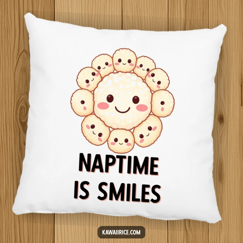 Funny pillow featuring an ecstatic smiley face made from small, cute rice balls. Soft and cheerful decor.