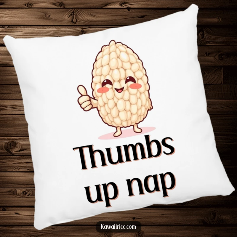 Funny Pillow: A cheerful rice grain proudly offers a thumbs up with a delicate noodle arm, providing soft comfort and humorous support.