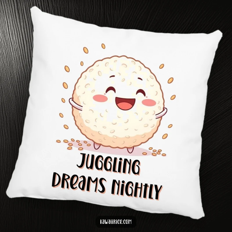 Funny rice ball pillow featuring a grinning character juggling tiny grains, perfect for decoration or comfort.