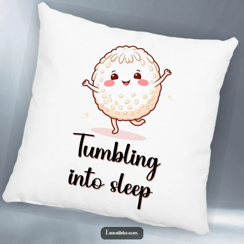 Funny rice character pillow featuring a smiling character doing a cartwheel with happy dots, perfect for decoration or comfort.