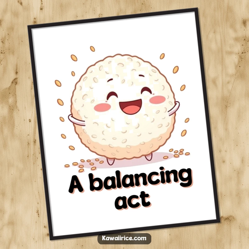 Funny rice ball digital art print of a grinning character juggling tiny grains, ideal for instant wall decor.